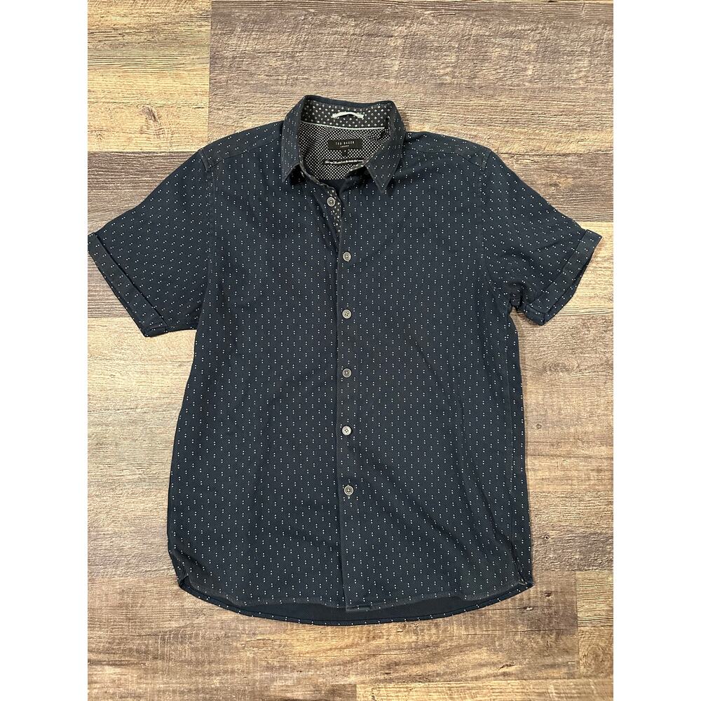 Ted Baker Men's Blue Dimond Print Stretch Short Sleeve Button Down Shirt Size 4